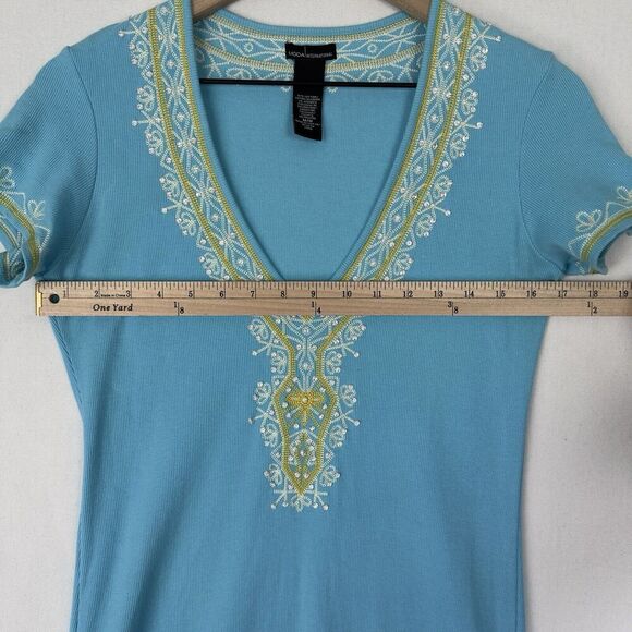 Moda‎ International Dress Womens Medium Blue Embroidered Y2K Beachy Boho Coastal - Picture 12 of 14